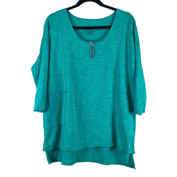 Neon Buddha Teal Green Scoop Neck Button Accents Lagenlook Boho Tunic Top Shirt - Picture 1 of 7